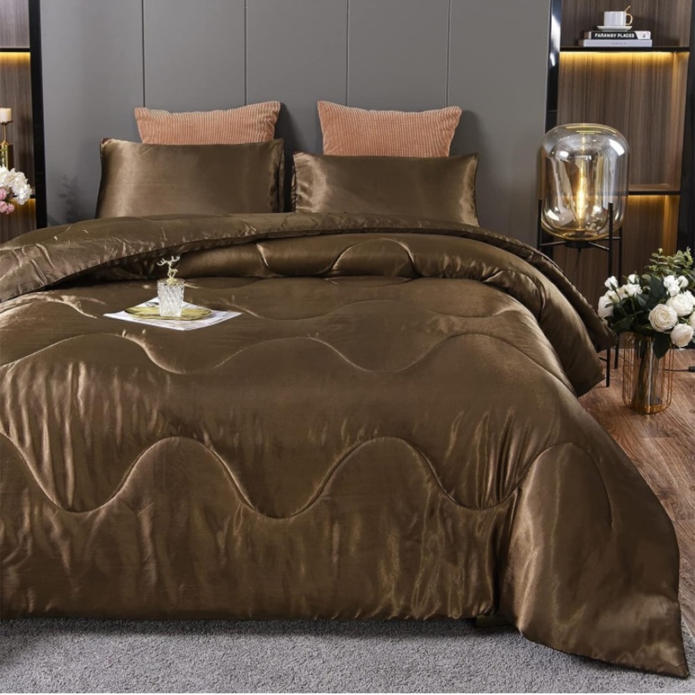 Satin Silky Soft Quilt Soft Microfiber Bedding Comforter Set  3 Brown
